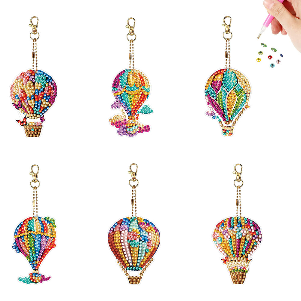 6Pcs Acrylic Double Sided Colorful Hot Air Balloon Full Drill Keyring for Adults