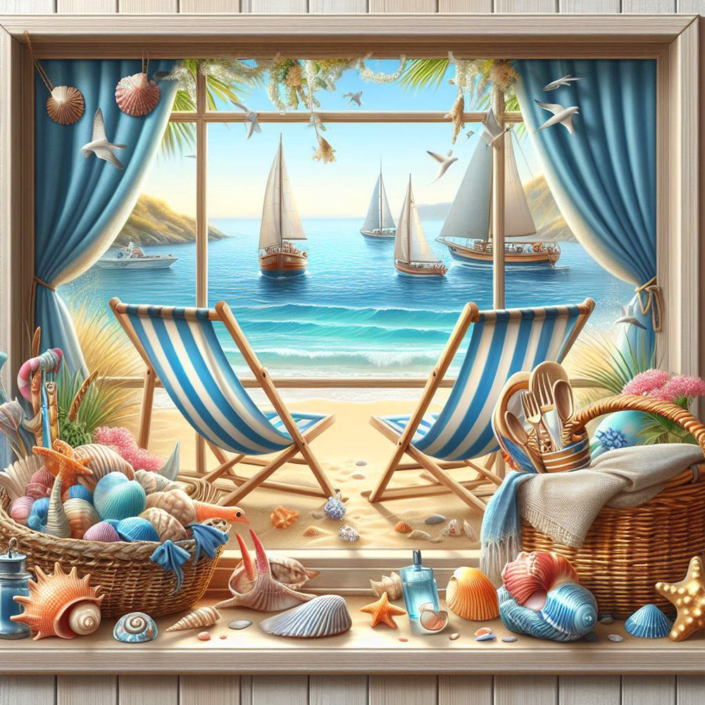 Diamond Painting - Full Round - Sea view outside the window in summer (40*40CM)