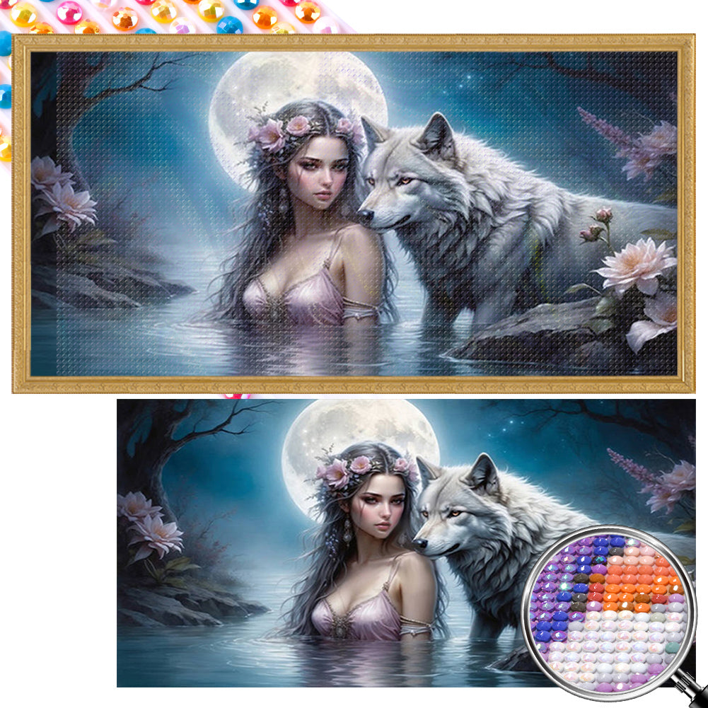 AB Diamond Painting - Full Round - Girl and wolf under the moon (80*40CM)