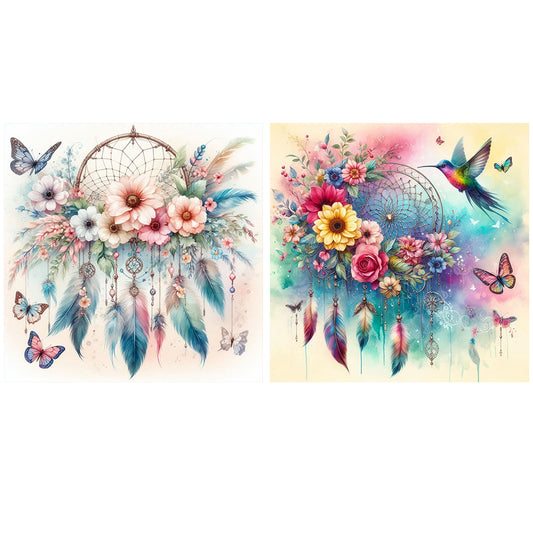 2pcs AB Diamond Painting - Full Round - Butterfly Hummingbird Dream Catcher (40*40CM)