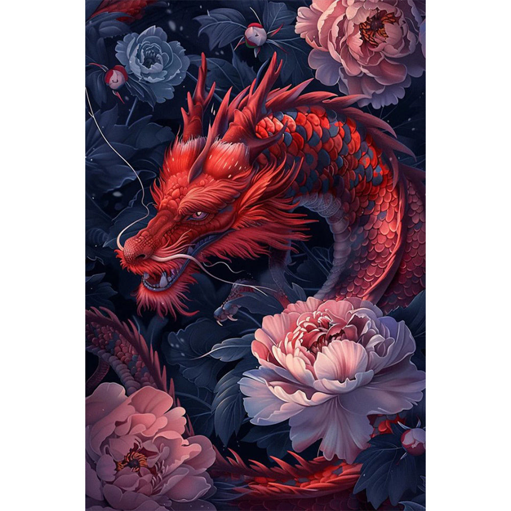Diamond Painting - Full Round - Red flower dragon (40*60CM)