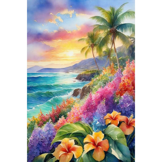 Diamond Painting - Full Round - Coconut trees and flowers on the seaside (40*60CM)