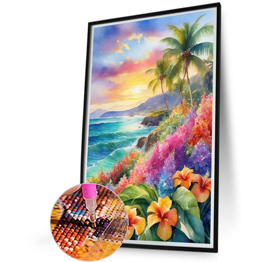 Diamond Painting - Full Round - Coconut trees and flowers on the seaside (40*60CM)