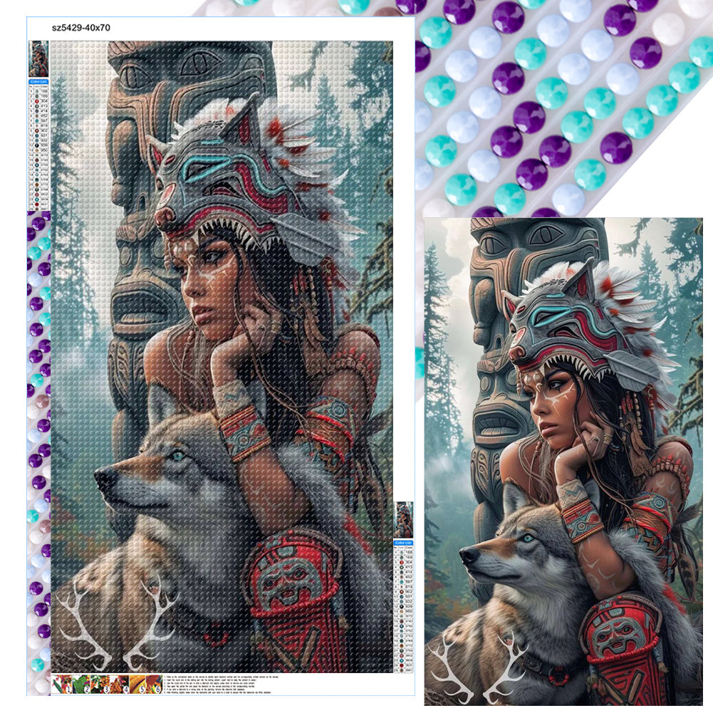 Diamond Painting - Full Round - Indian woman and wolf (40*70CM)