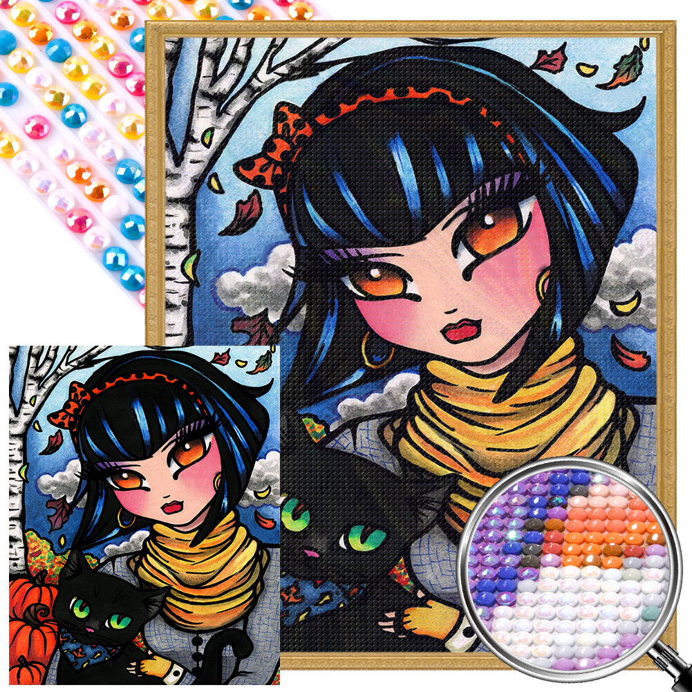 AB Diamond Painting - Full Round - Girl and black cat in the snow (40*50CM)