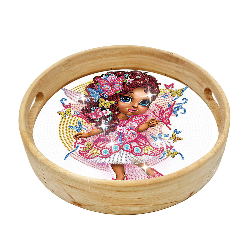 Wooden Cartoon Round Diamond Decorative Serving Tray for Desk Coffee Table