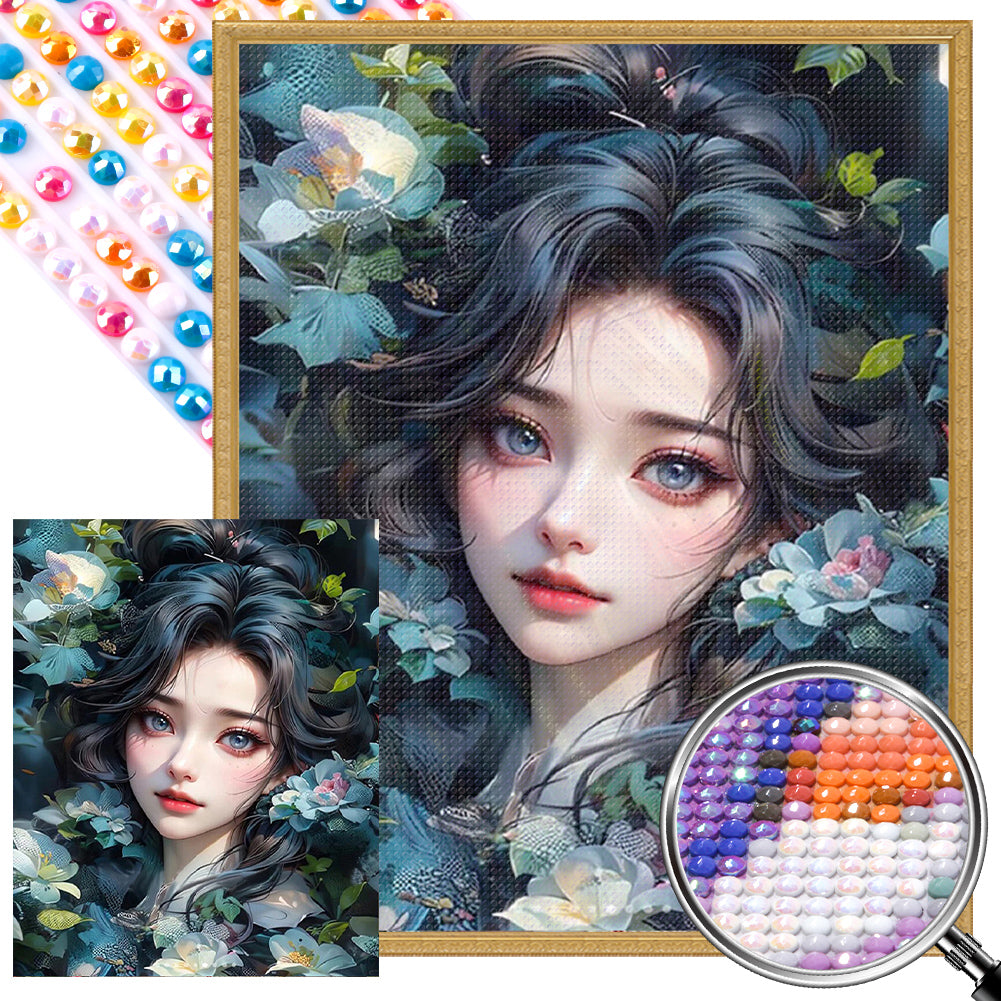 AB Diamond Painting - Full Round - Beautiful girl among flowers (40*50CM)