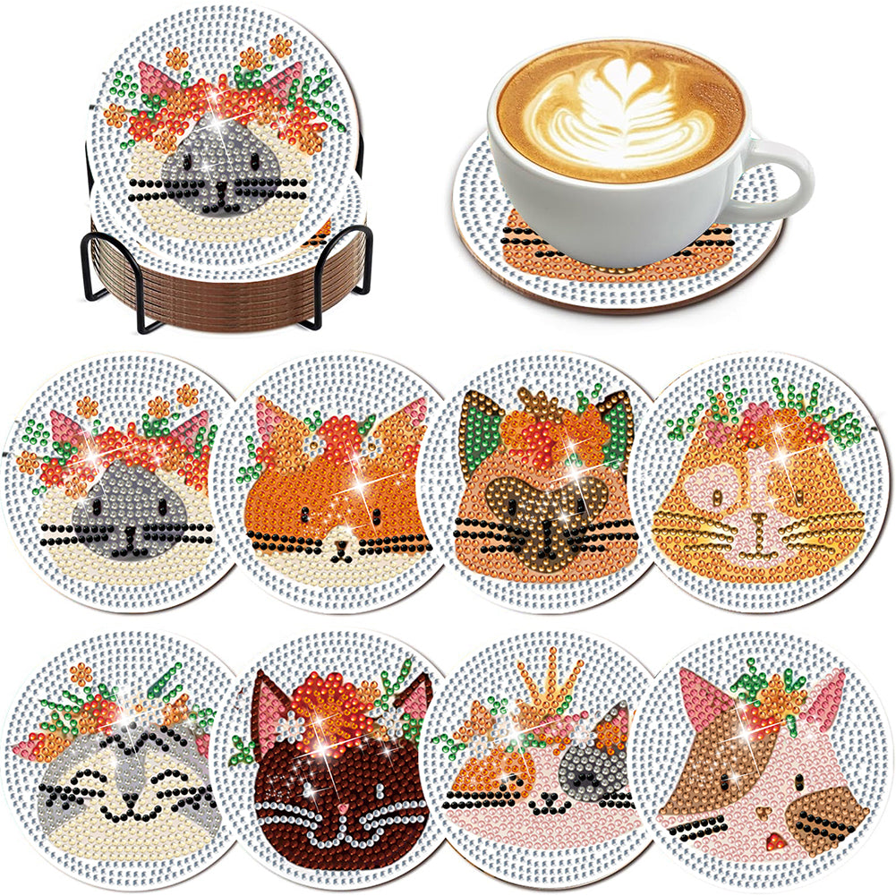 8Pcs Diamond Painting Coasters Cat and Flower Diamond Art Painting Kits