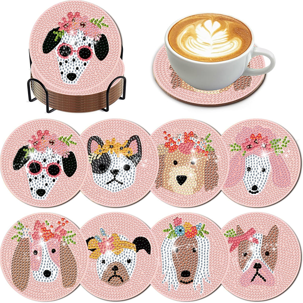 8Pcs Diamond Painting Coasters Dog and Flower Diamond Art Painting Kits