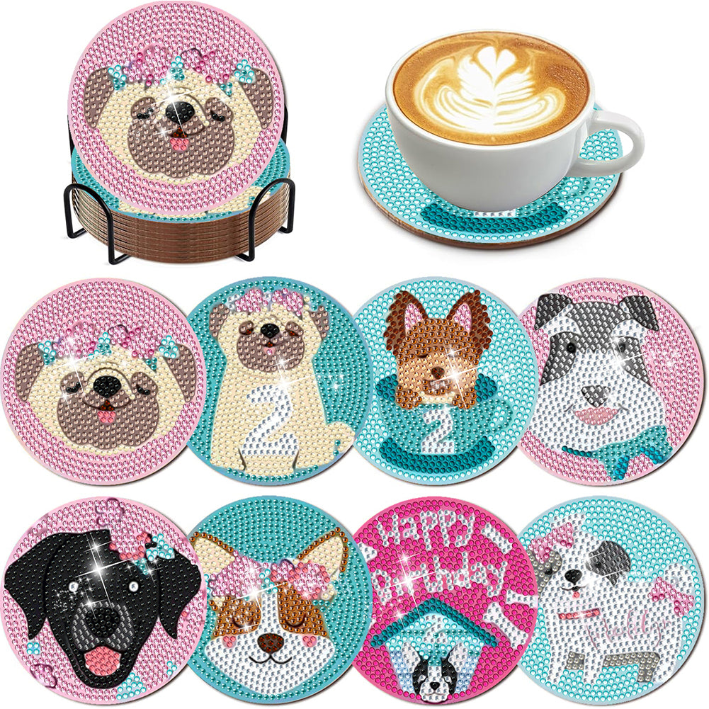 8Pcs Diamond Painting Coasters Cute Dog Diamond Art Painting Kits for Home Decor