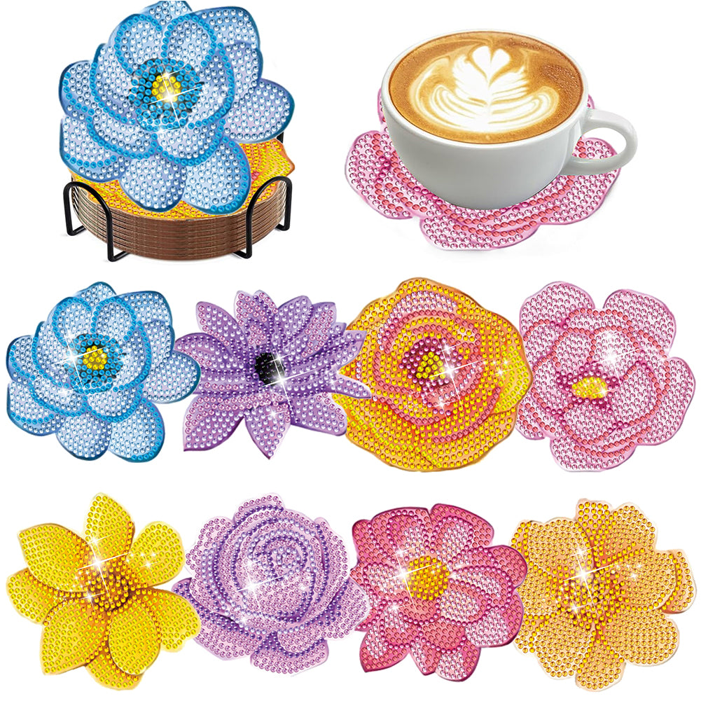 8Pcs Wooden Flower DIY Diamond Painting Coasters Diamond Dot Kits for Home Decor
