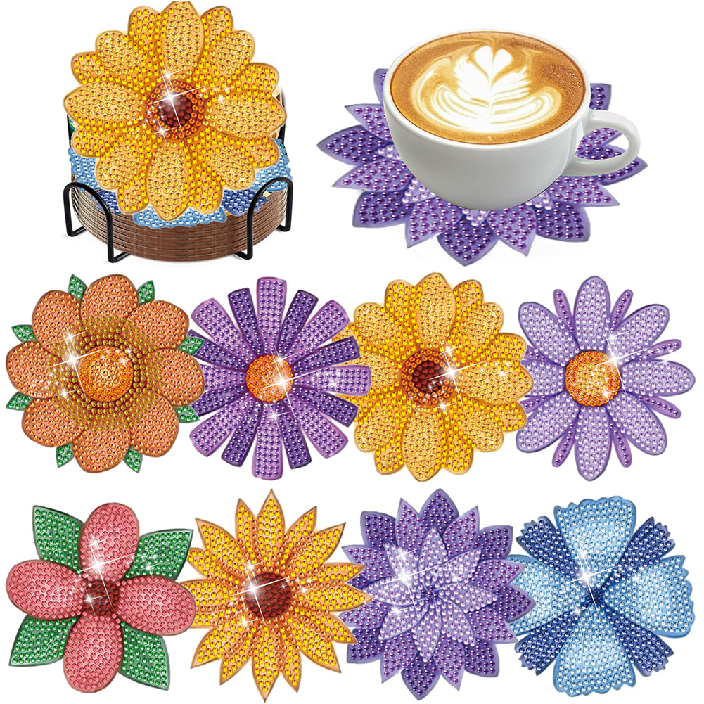 8Pcs Wooden Flower DIY Diamond Painting Coasters Diamond Dot Kits for Beginners