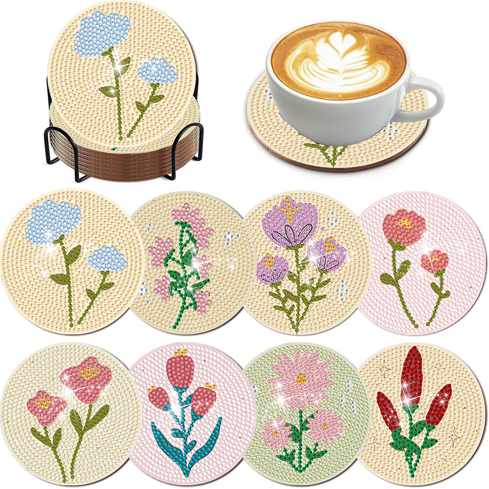 8Pcs Wooden Bouquet DIY Diamond Painting Coasters Diamond Dot Kits for Beginners
