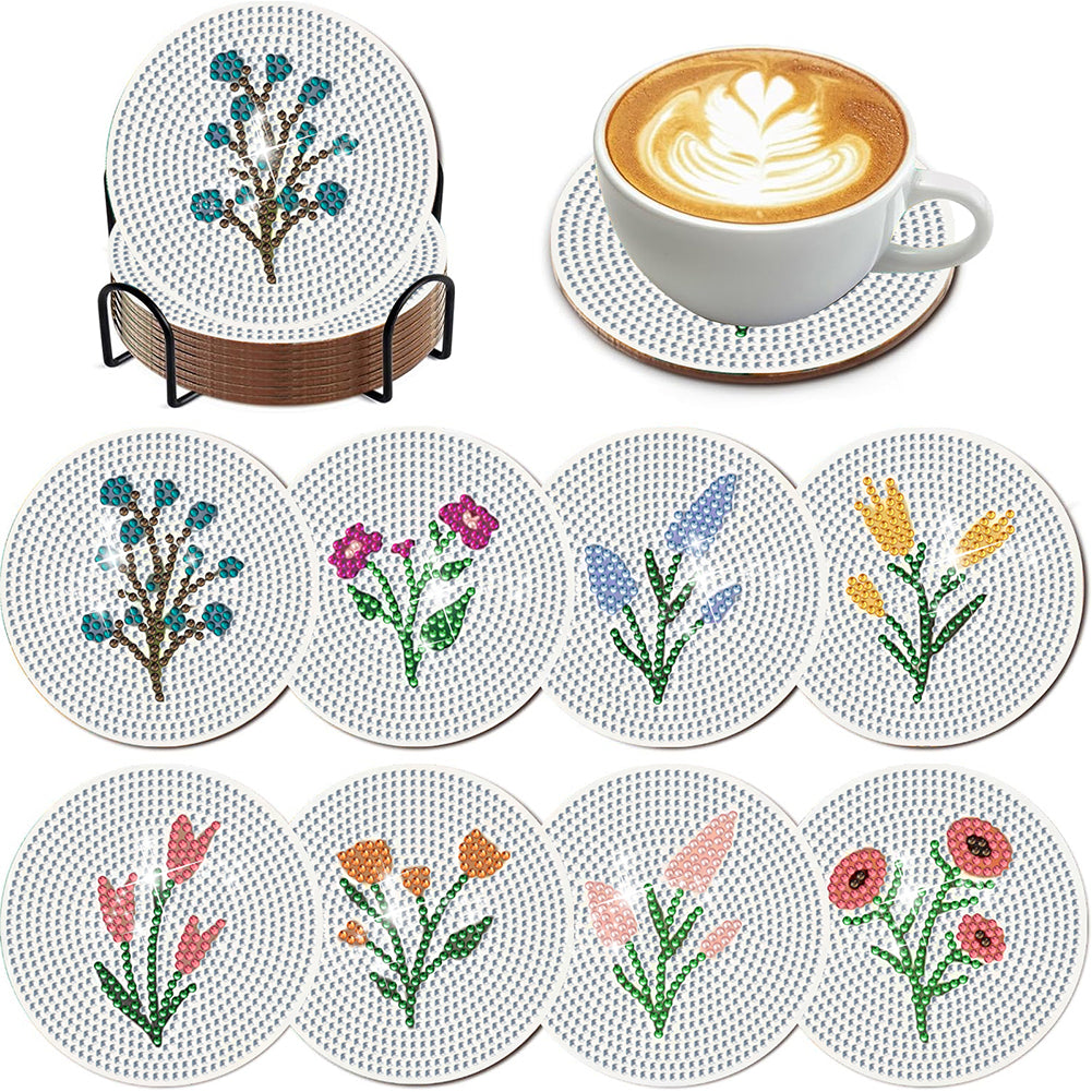 8Pcs Wooden Bouquet DIY Diamond Painting Coasters Diamond Dot Kits for Beginners