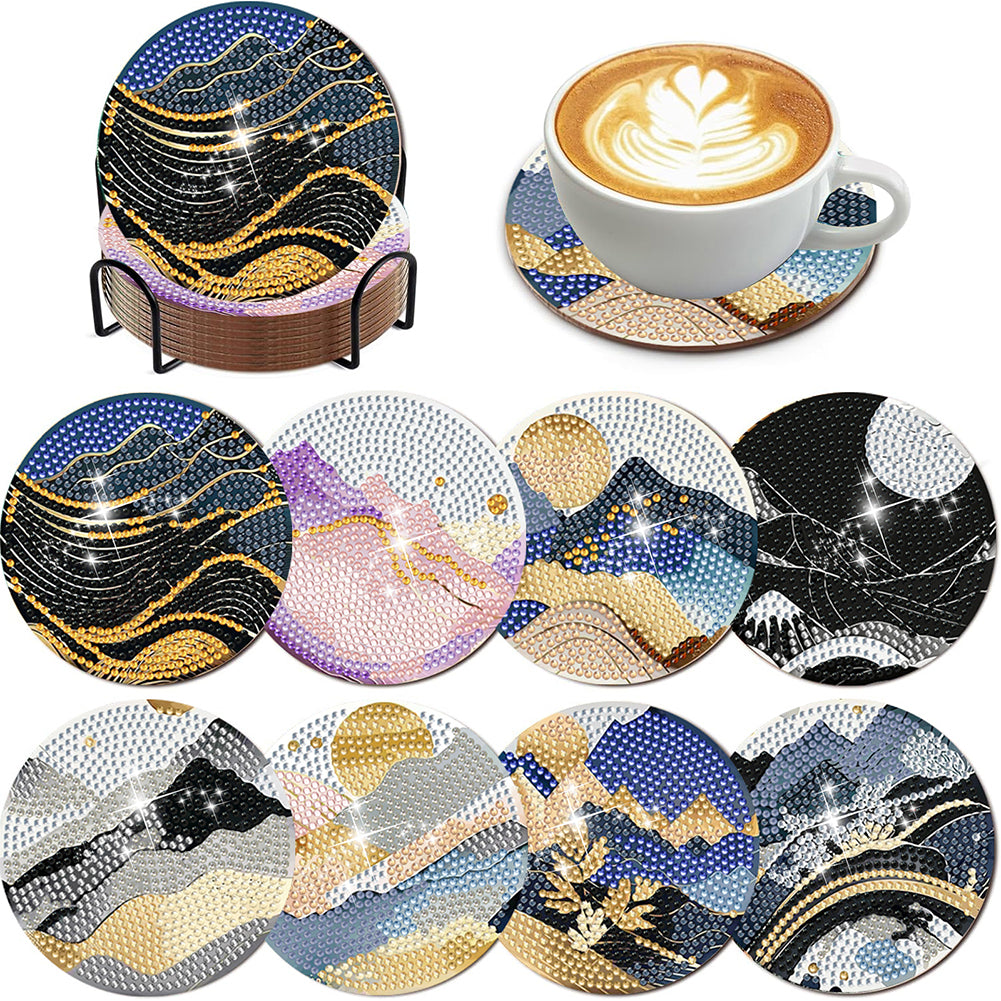 8Pcs Wooden Mountain Pattern DIY Diamond Painting Coasters Diamond Dot Kits