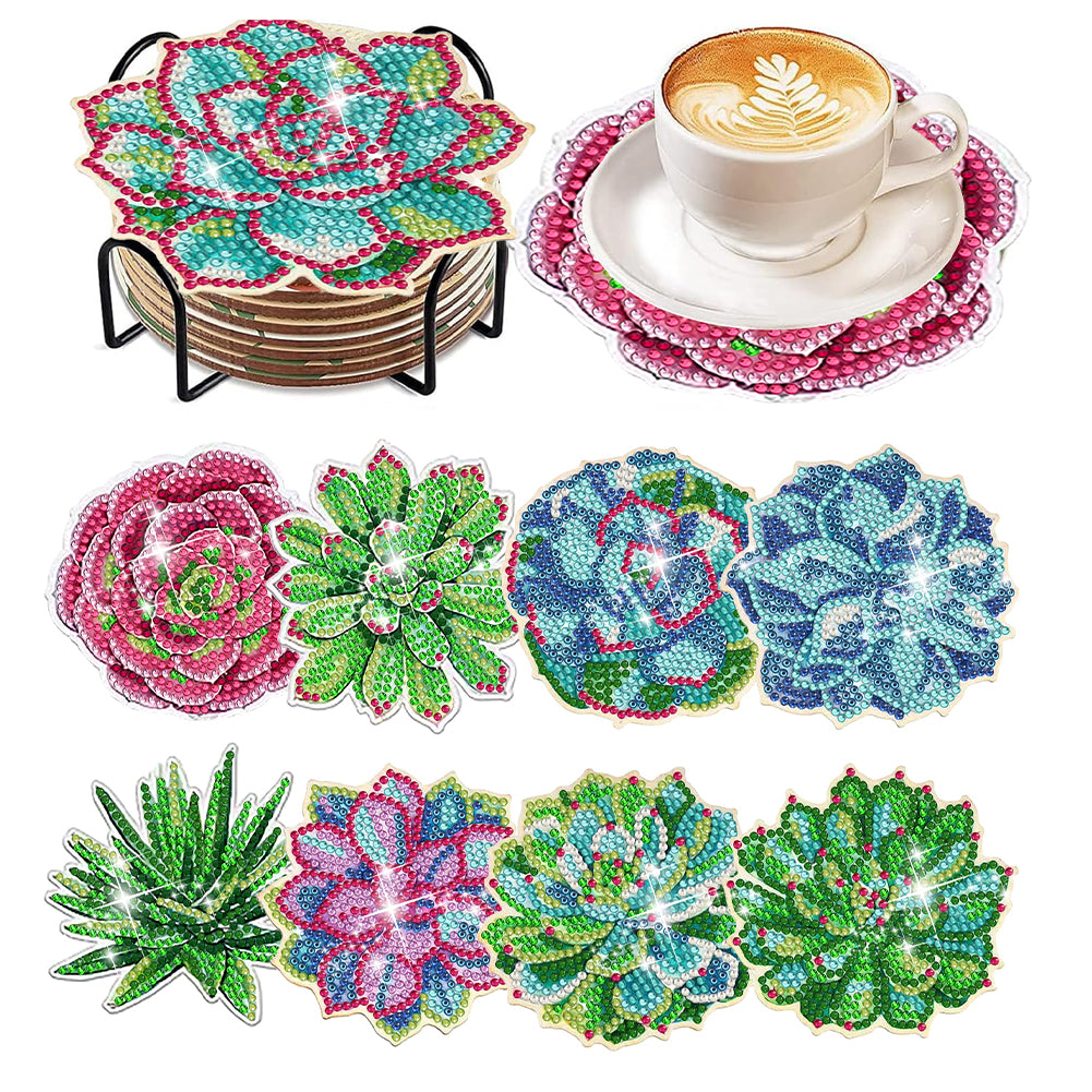 8Pcs Acrylic Succulents Diamond Painting Coasters Diamond Dot Kits for Party