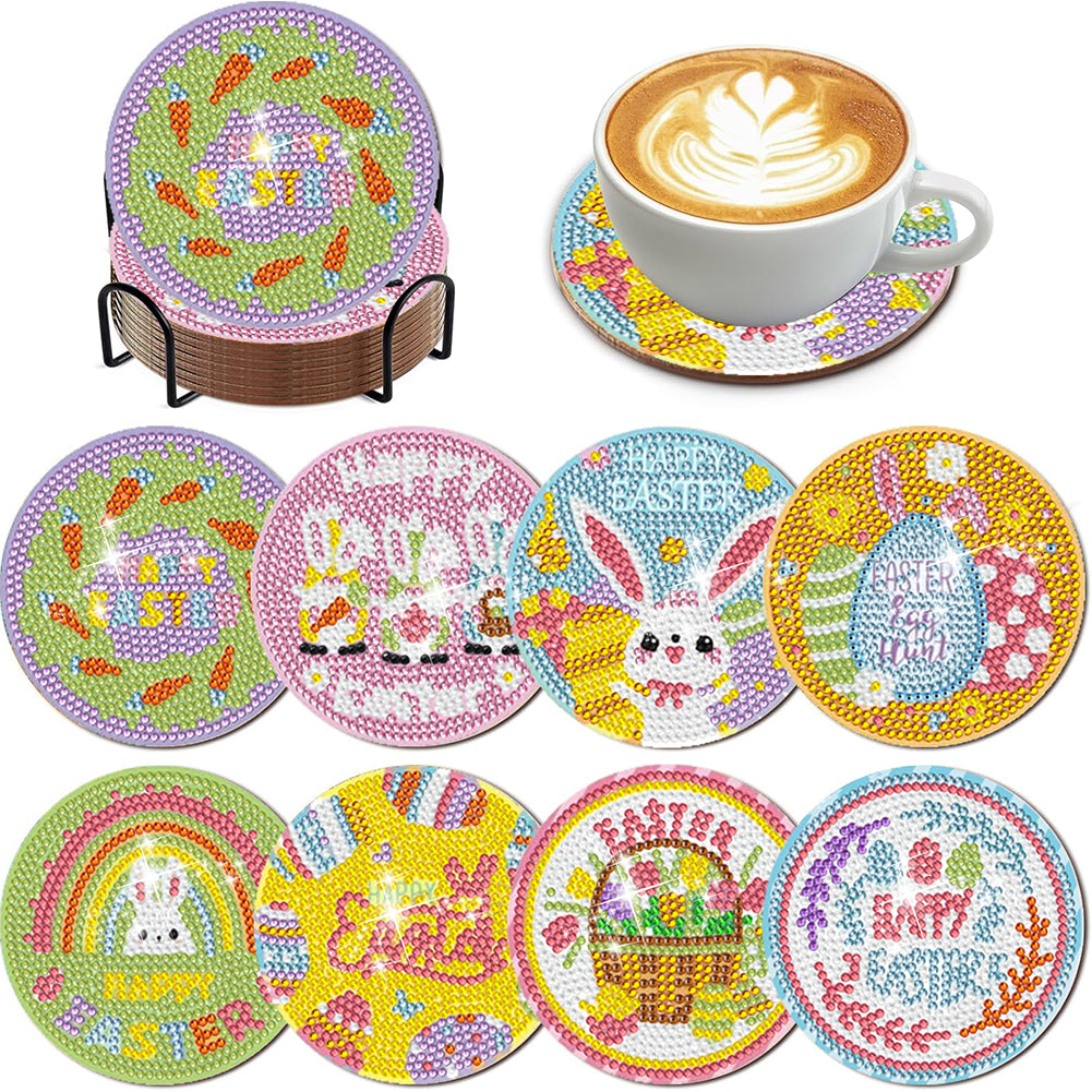 8Pcs Acrylic Rabbit Diamond Painting Coasters Diamond Dot Kits for Party