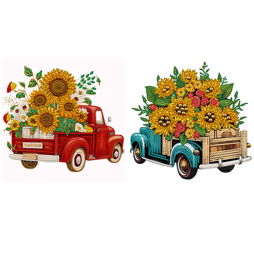 2pcs Partial Special Diamond Painting Set - Summer sunflower and classic car (30*30CM)