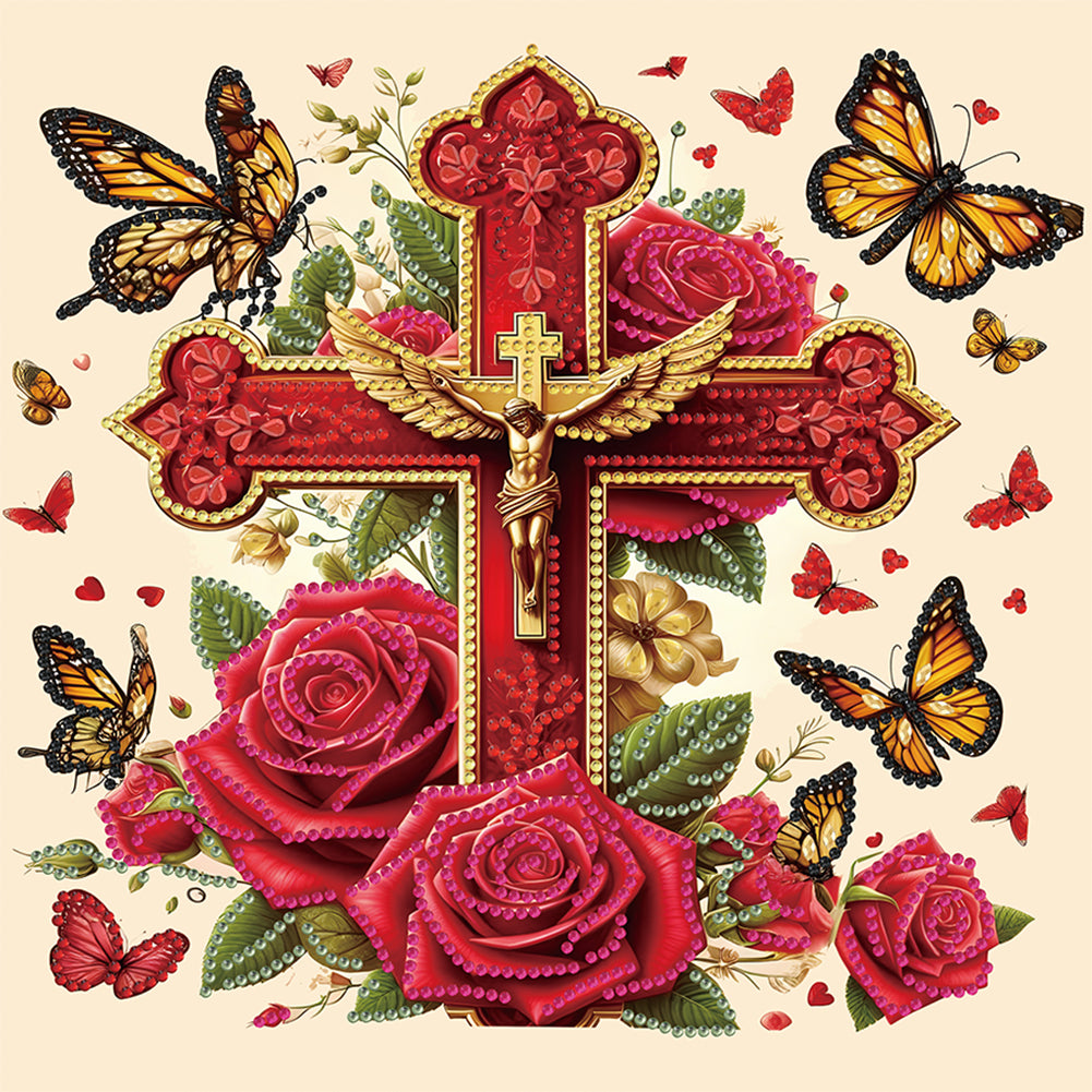 Diamond Painting - Partial Special Shaped - cross and flowers (30*30CM)