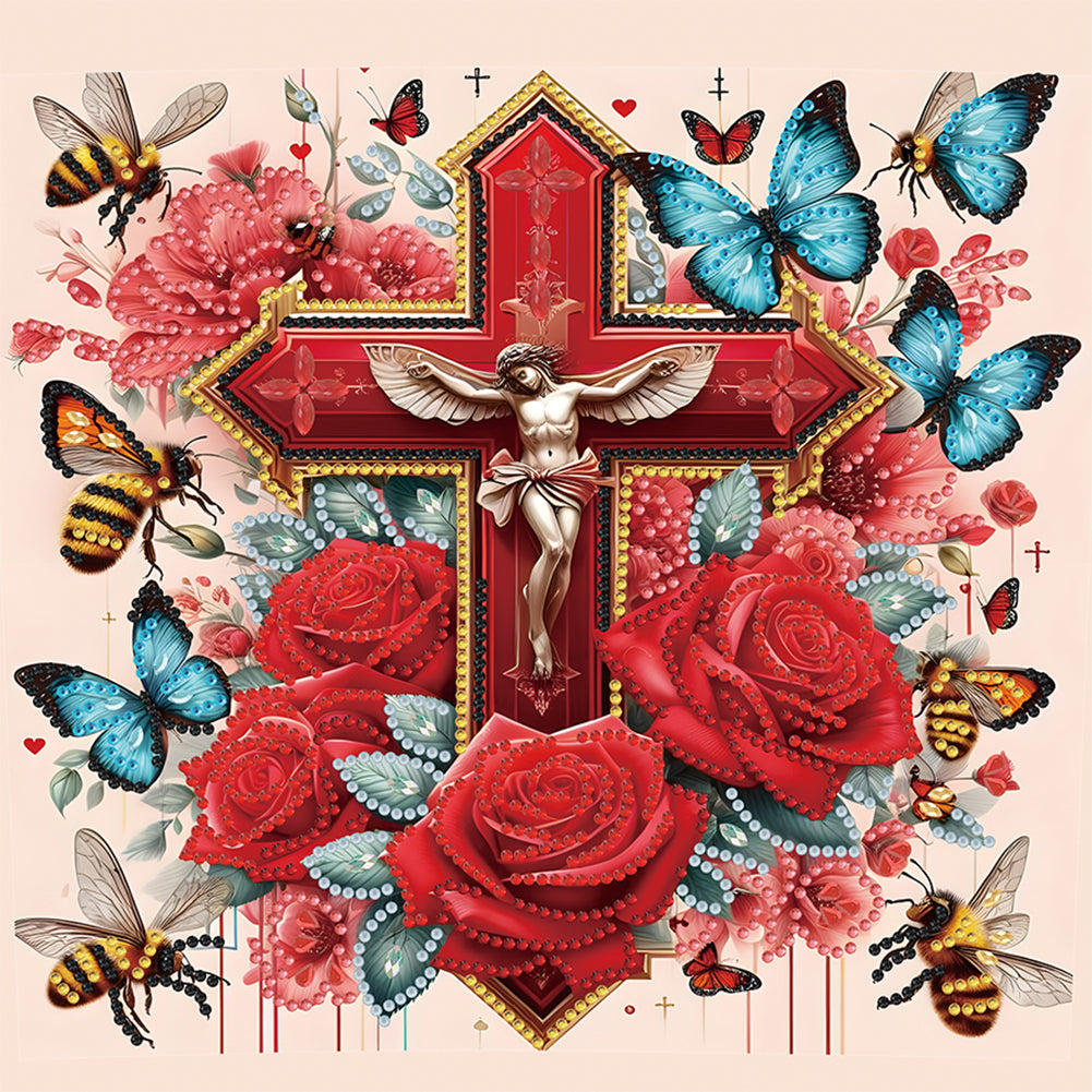 Diamond Painting - Partial Special Shaped - cross and flowers (30*30CM)