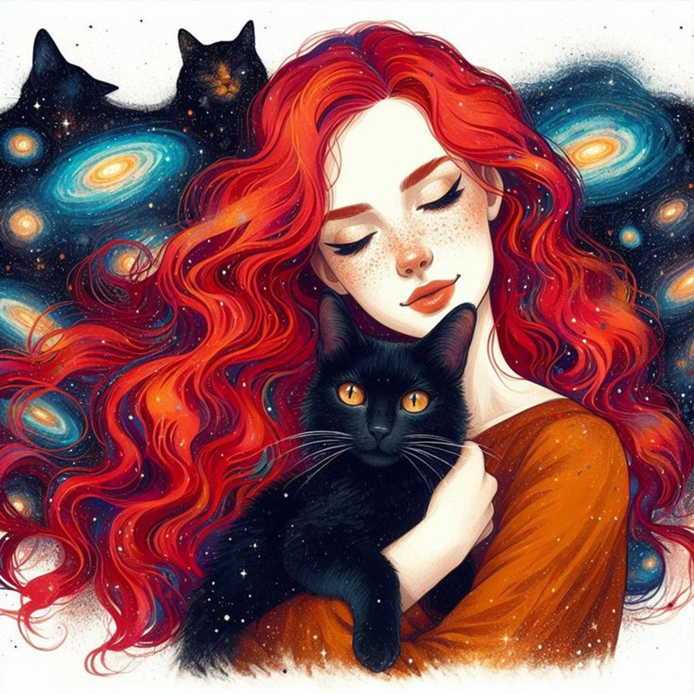 Diamond Painting - Full Round - Black cat and girl (40*40CM)