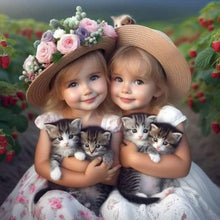 Load image into Gallery viewer, Diamond Painting - Full Round - Garden girl holding a kitten (40*40CM)

