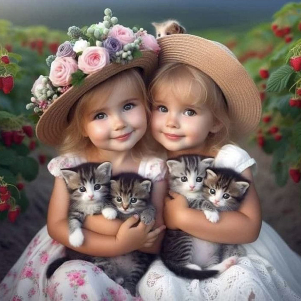 Diamond Painting - Full Round - Garden girl holding a kitten (40*40CM)
