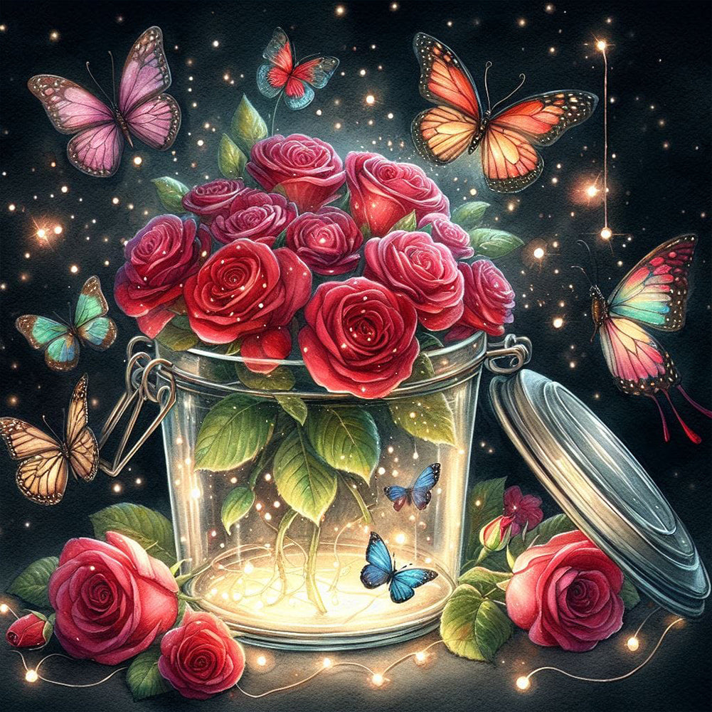 Diamond Painting - Full Round - Red roses and butterflies (40*40CM)