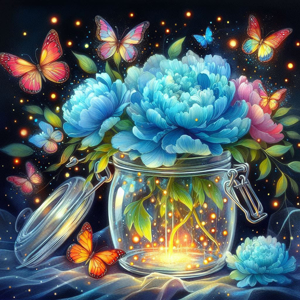 Diamond Painting - Full Round - Blue flowers and butterflies (40*40CM)