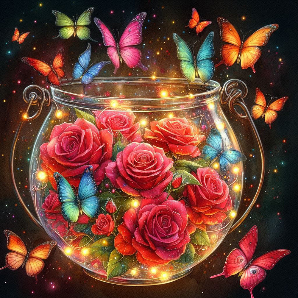 Diamond Painting - Full Round - Red roses and butterflies (40*40CM)