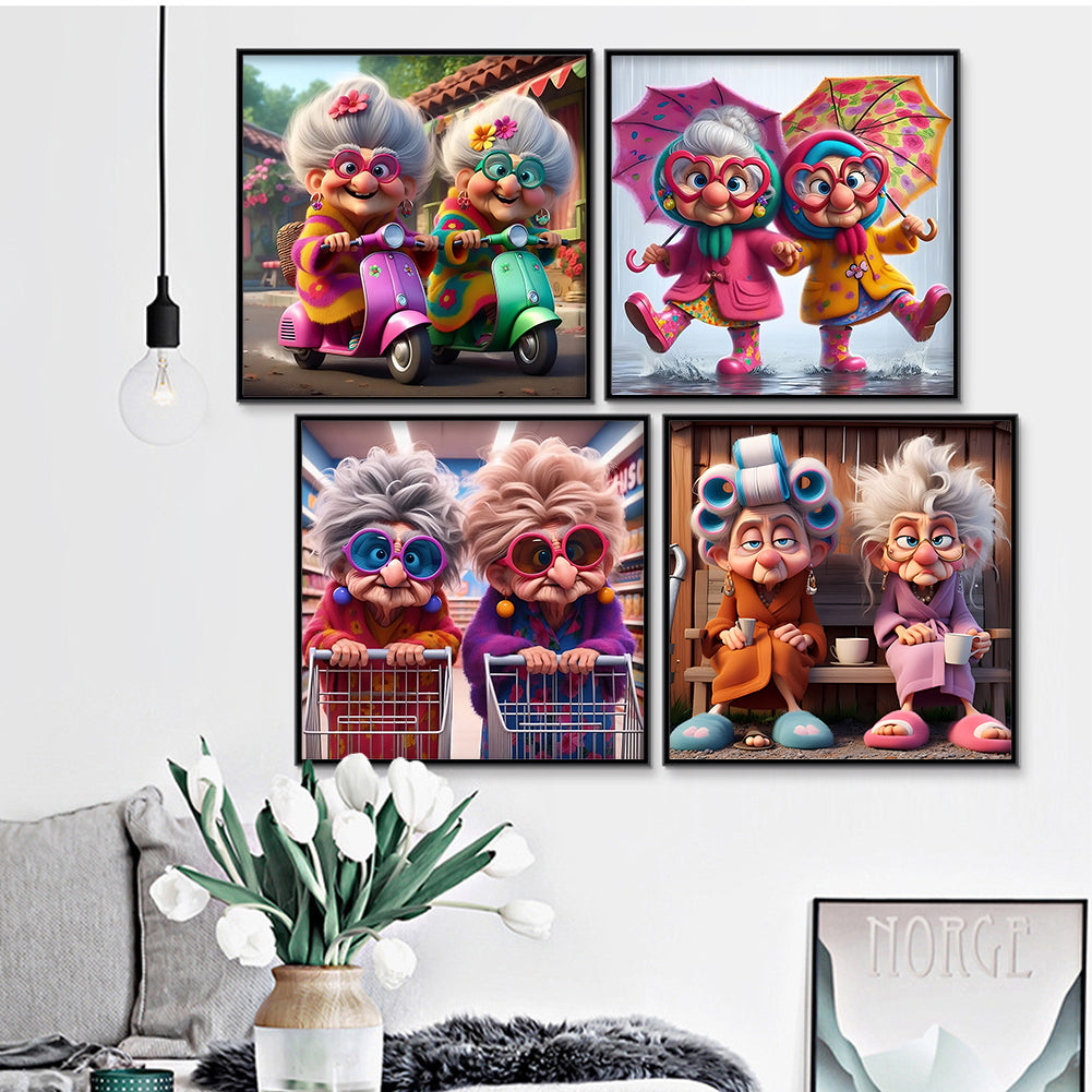 4pcs Round Diamond Painting Set - Funny old lady (30*30CM)