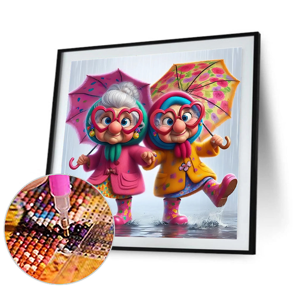 4pcs Round Diamond Painting Set - Funny old lady (30*30CM)