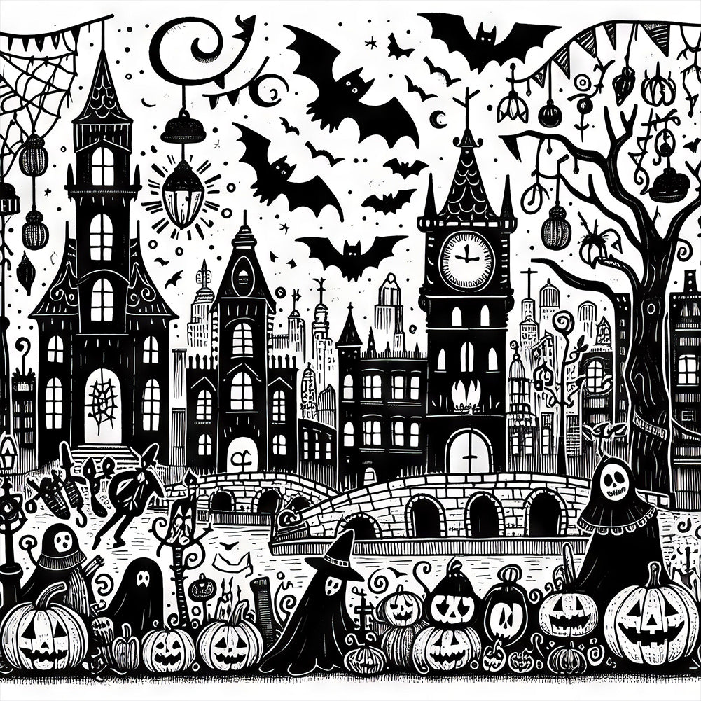 Diamond Painting - Full Round - Horror black and white street scene (40*40CM)