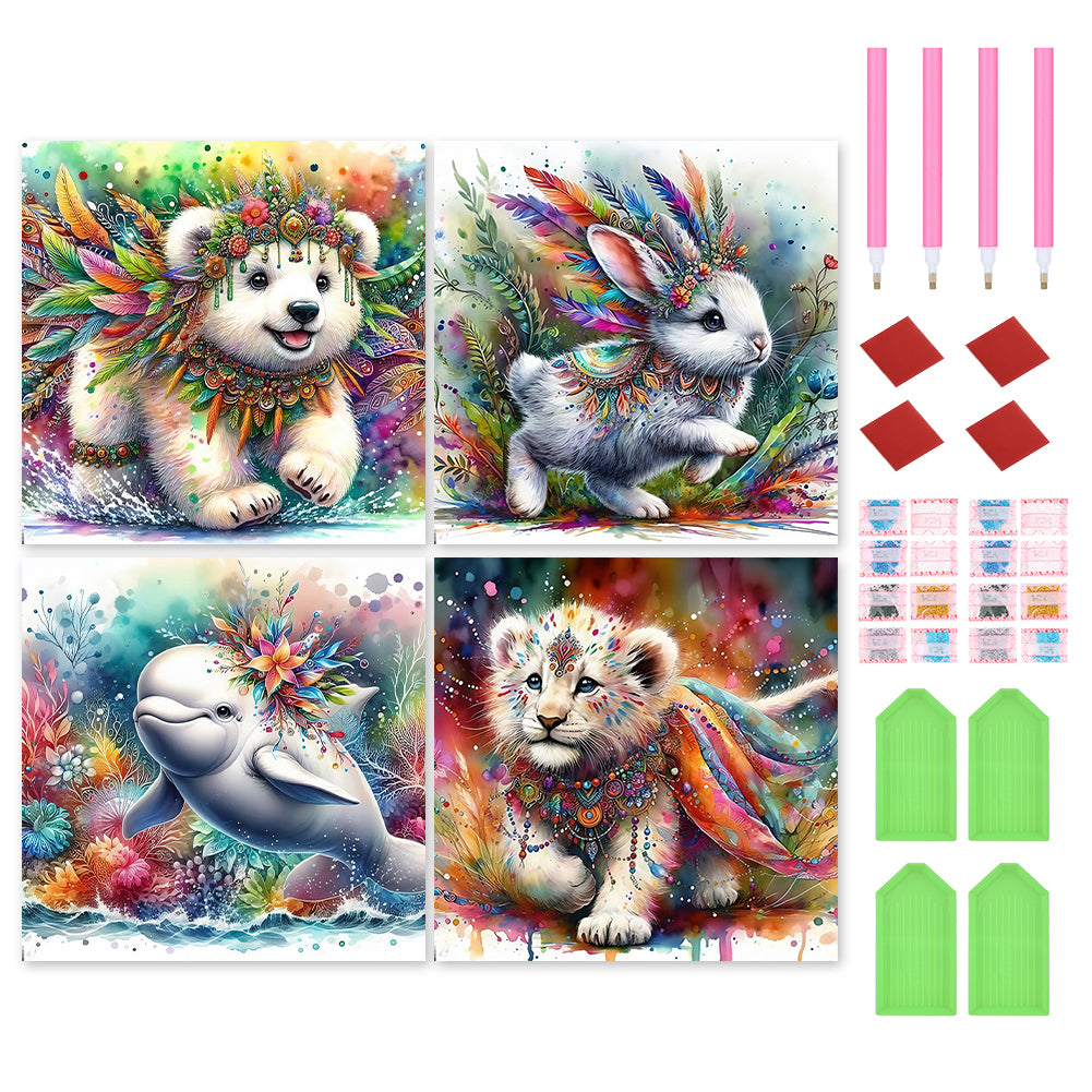 4pcs Round Diamond Painting Set - Indian colorful feathered animals (40*40CM)