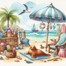 Load image into Gallery viewer, AB Diamond Painting - Full Round - Seal under the beach umbrella (40*40CM)
