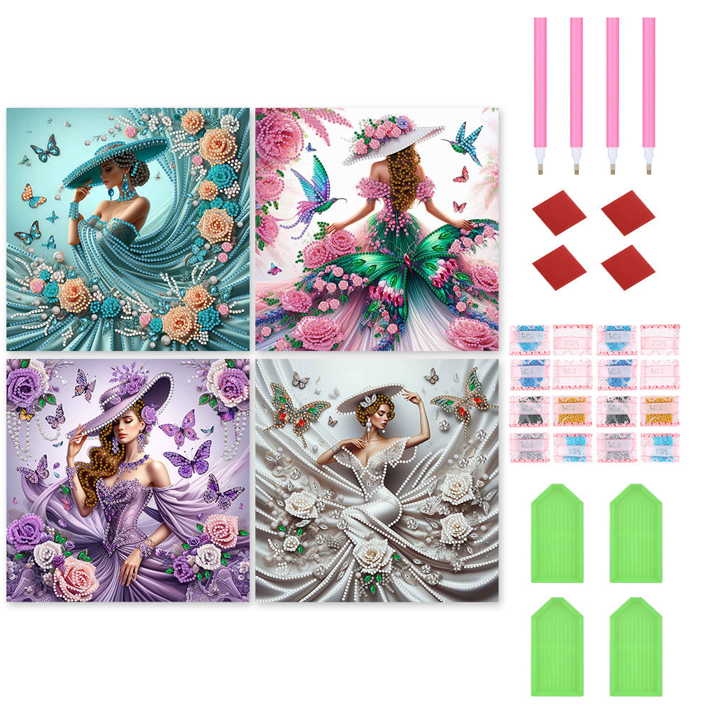 4pcs Partial Special Diamond Painting Set - Lady (30*30CM)