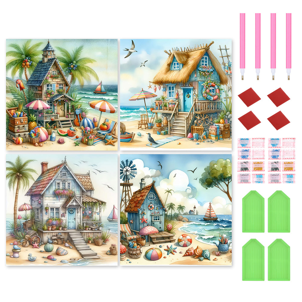4pcs Round Diamond Painting Set - Seaside hut (30*30CM)