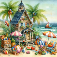 Load image into Gallery viewer, 4pcs Round Diamond Painting Set - Seaside hut (30*30CM)
