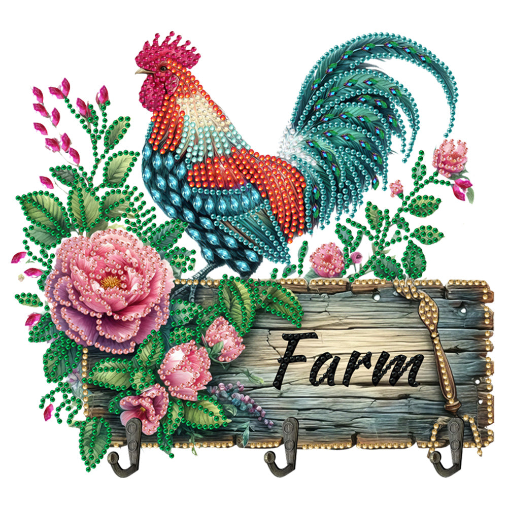Wooden Farm Rooster Diamond Painting Wall Hooks DIY Hook Rail for home Decor