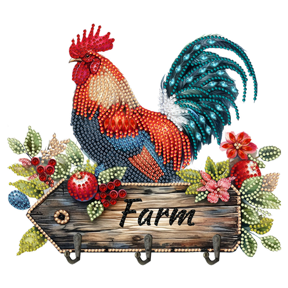 Wooden Farm Rooster Diamond Painting Wall Hooks DIY Hook Rail for home Decor