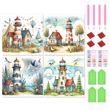 Load image into Gallery viewer, 4pcs Round Diamond Painting Set - Seaside lighthouse (30*30CM)
