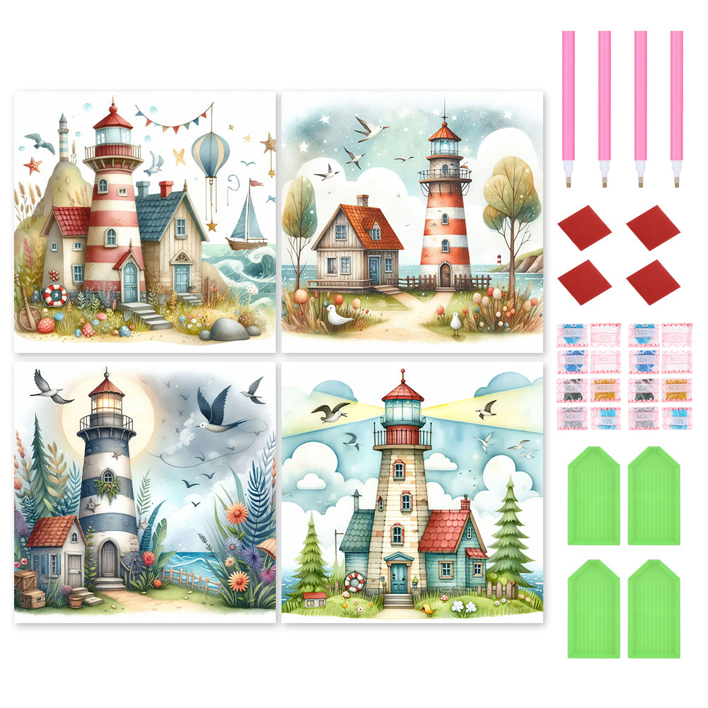 4pcs Round Diamond Painting Set - Seaside lighthouse (30*30CM)