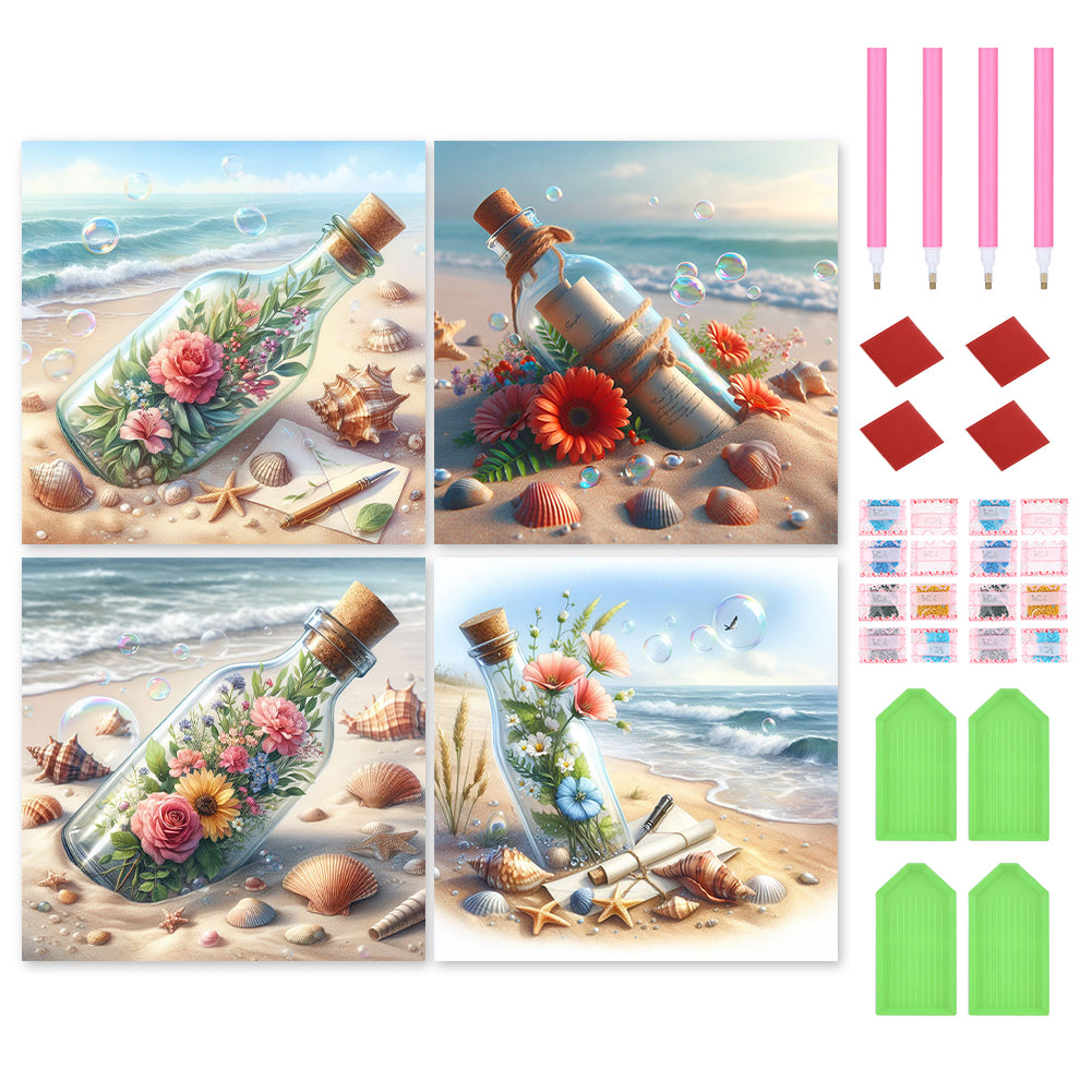 4pcs Round Diamond Painting Set - Seaside wishing bottle (30*30CM)