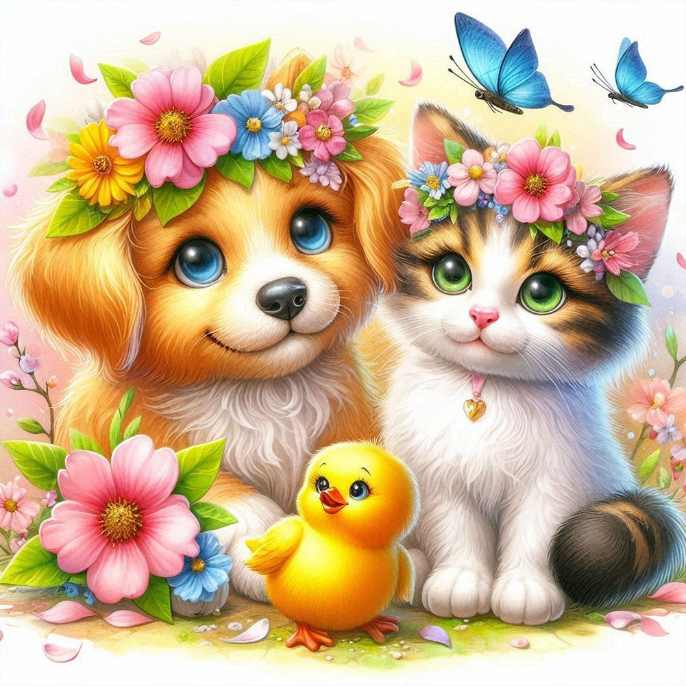 Diamond Painting - Full Round - Kitten, puppy, yellow duck (40*40CM)