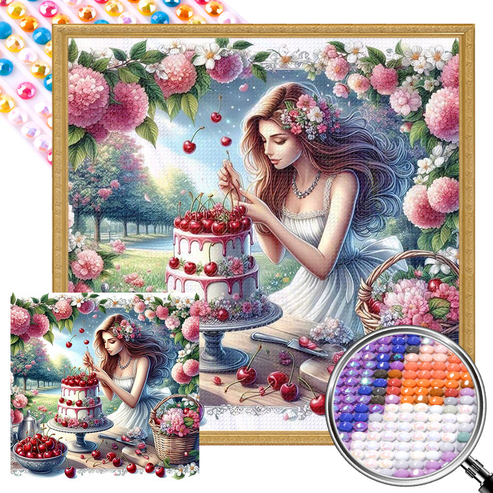 AB Diamond Painting - Full Round - Casual Exquisite Girl and Cherry Cake (40*40CM)