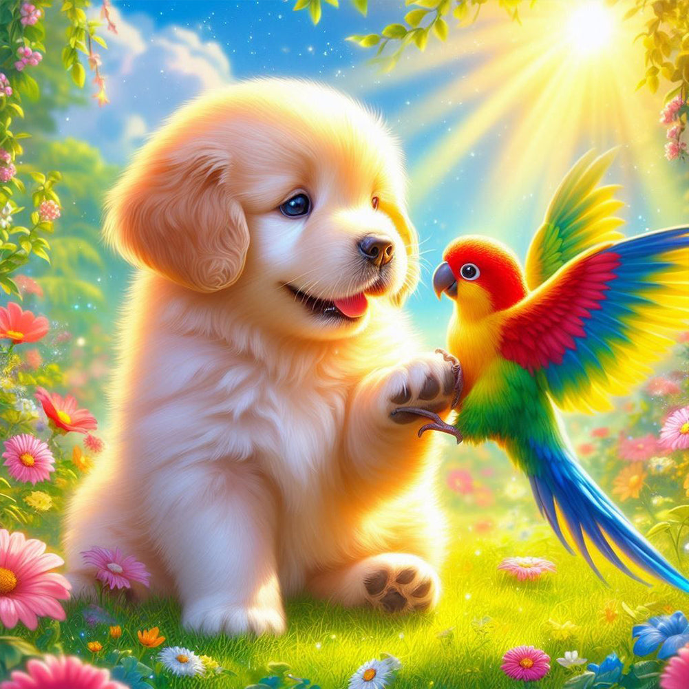 Diamond Painting - Full Round - Puppies and parrots (40*40CM)