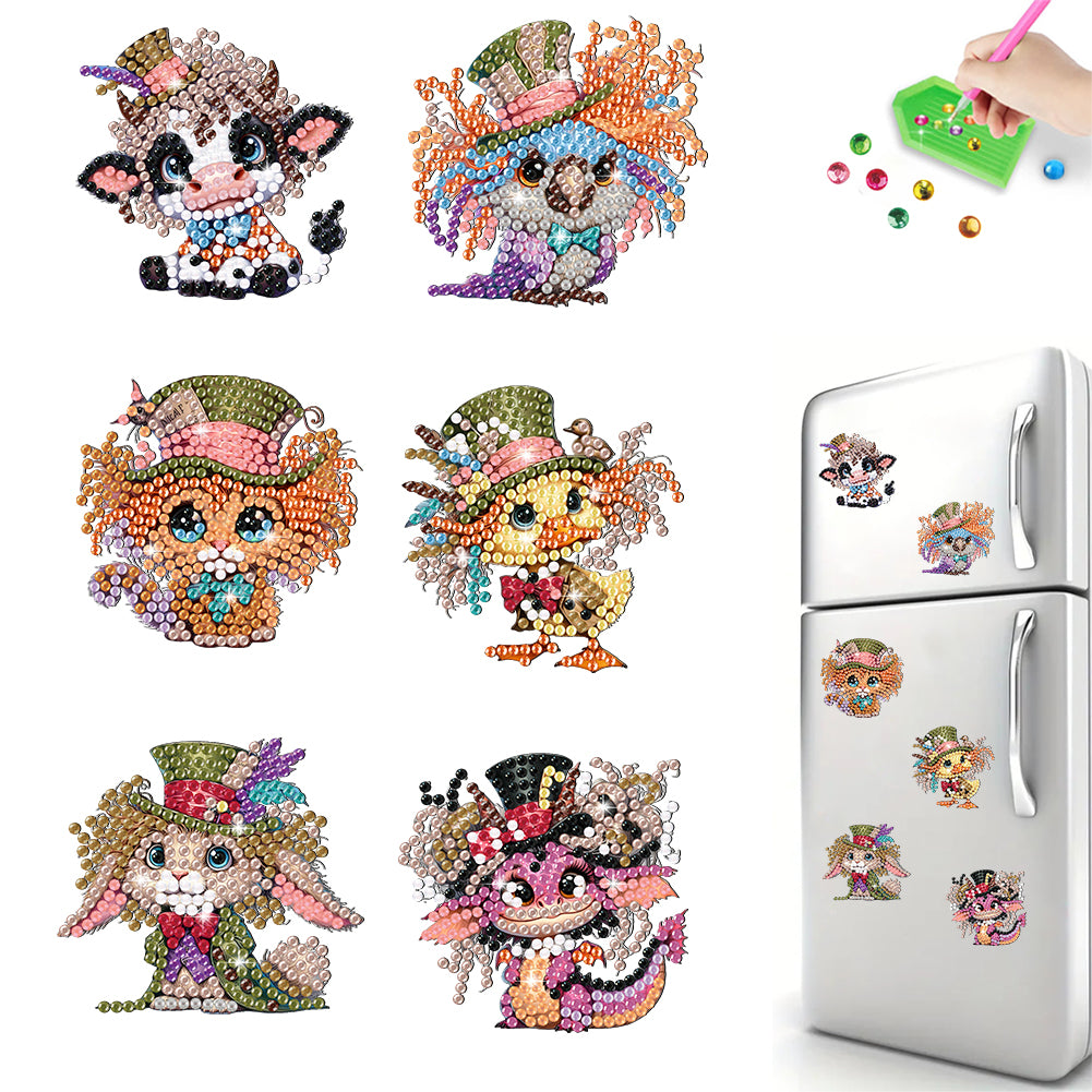 6Pcs Acrylic Special Shape Animal with Hat Diamond Painting Fridge Magnet