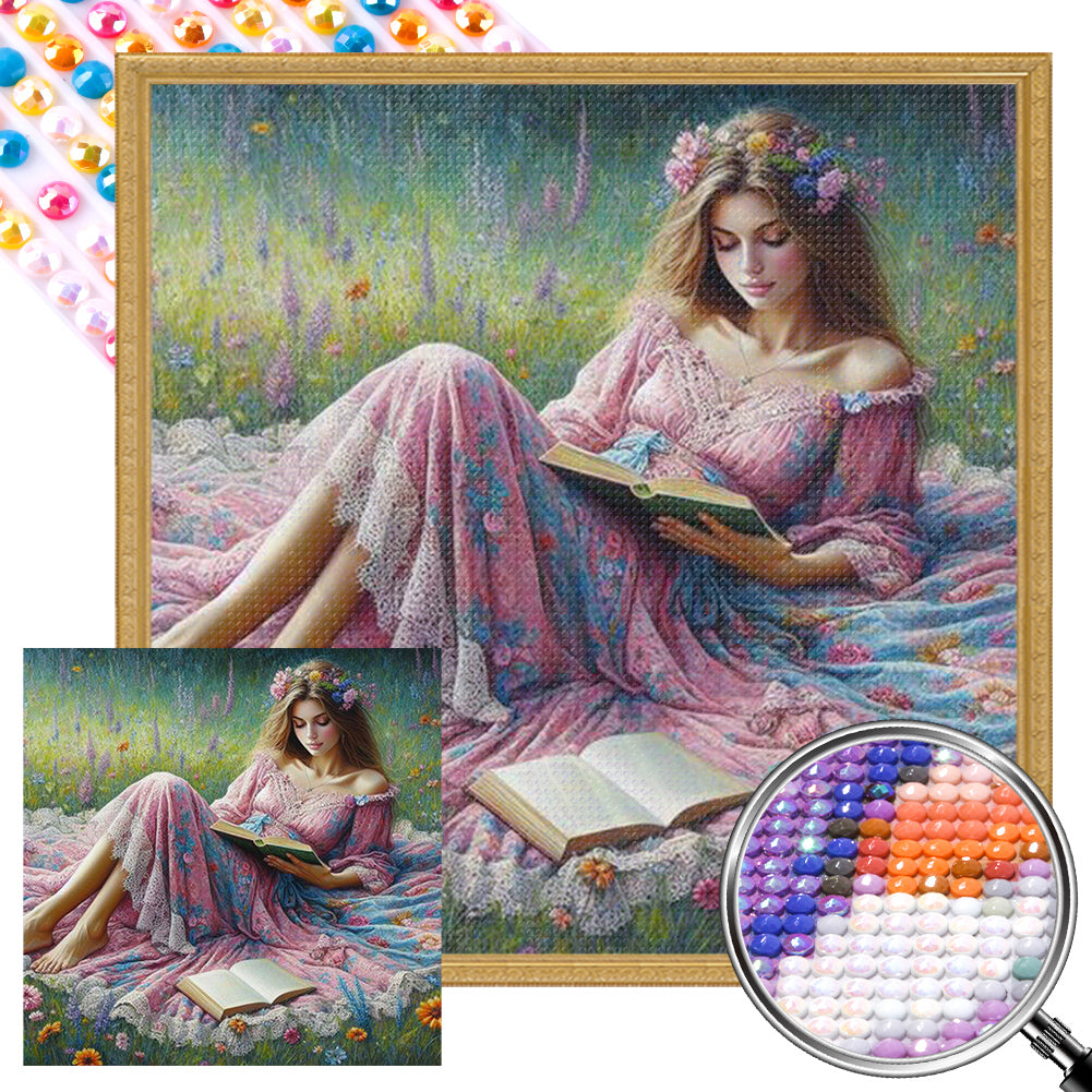 AB Diamond Painting - Full Round - Girl reading on the grass (40*40CM)