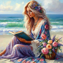 Load image into Gallery viewer, AB Diamond Painting - Full Round - Girl reading on the beach (40*40CM)
