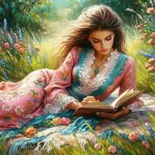 Load image into Gallery viewer, AB Diamond Painting - Full Round - Girl reading in the flowers (40*40CM)

